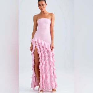 DILETTA Ruffle Trim Strapless Gown Light Pink Sz 4 OH POLLY Strapless Maxi Dress